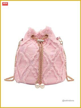 Denim Quilted Drawstring Bucket Crossbody Bag Purse